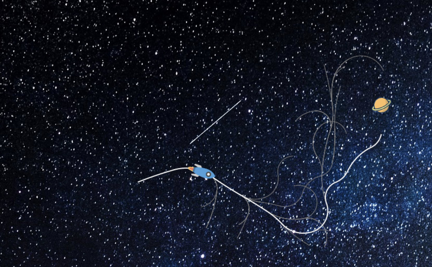 Rocketship RRT screenshot showing a search tree expanding toward an orbiting planet