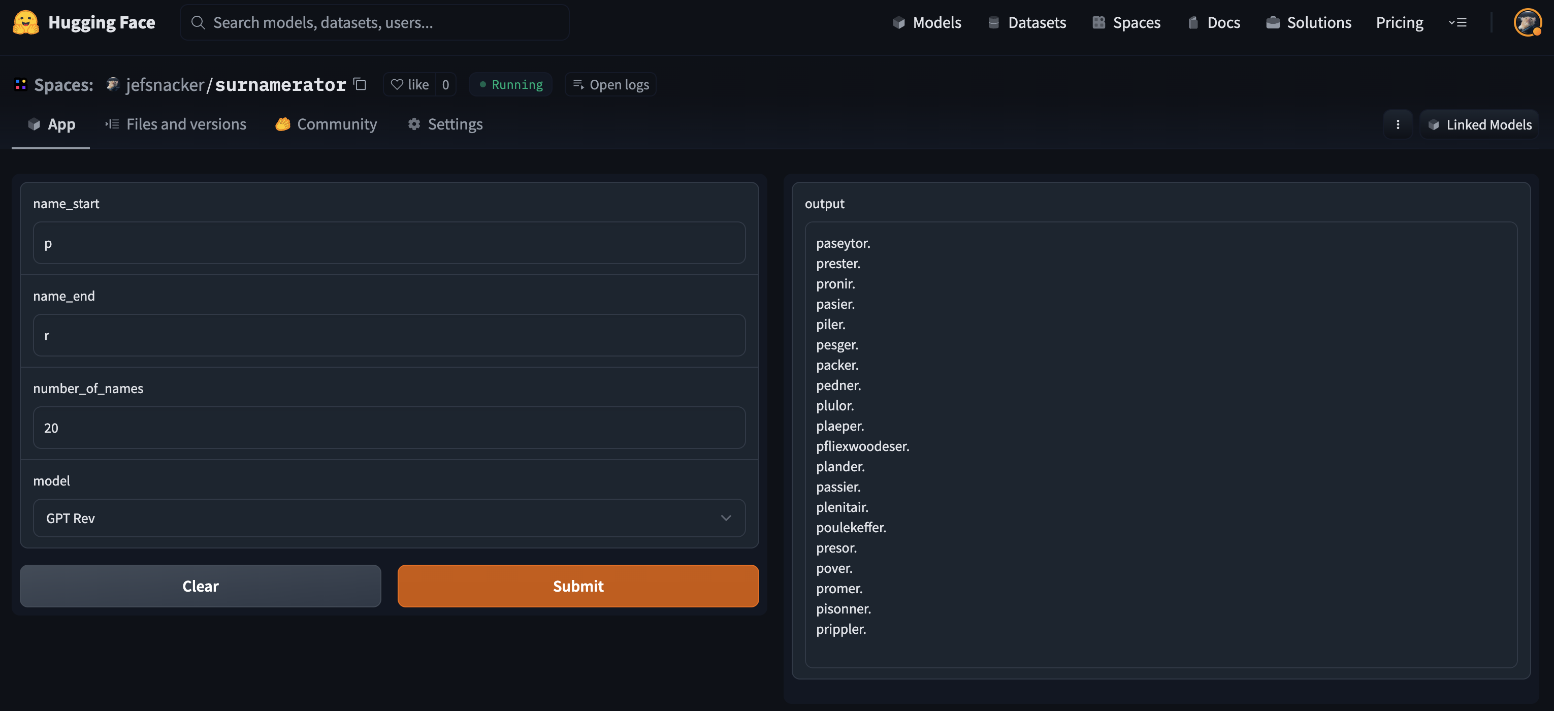 Surnamerator app screenshot showing a surname generation interface